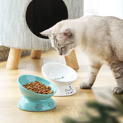 Elevated Ceramic Cat Bowls for Food and Water, Slanted Design for Spine Protection, Stress-Free Feeding with Backflow Prevention (White)