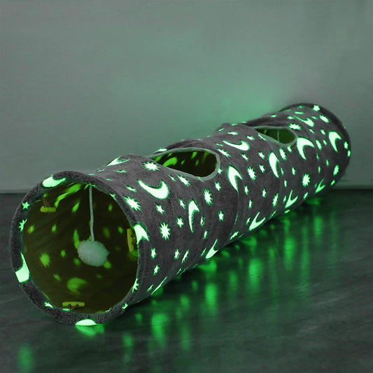 Collapsible Cat Tunnel with Plush Ball Toys and Glow-in-the-Dark Features for Small Pets - Grey Moon and Star Design