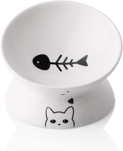 Elevated Ceramic Cat Bowls for Food and Water, Slanted Design for Spine Protection, Stress-Free Feeding with Backflow Prevention (White)