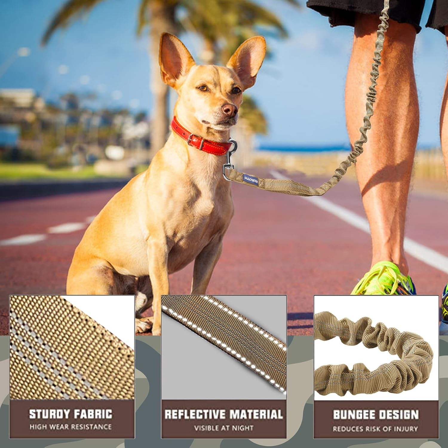 Premium Heavy-Duty Bungee Dog Leash for Large Breeds, No-Pull Shock Absorption, Includes Car Seat Belt, Two Padded Handles, Available in 4.5ft and 6ft, Army Yellow