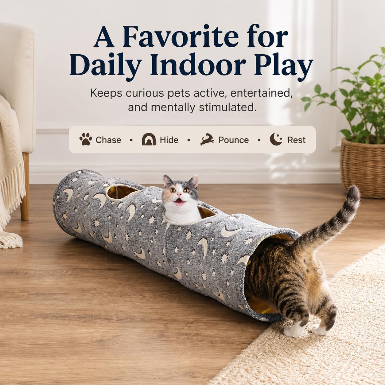 Collapsible Cat Tunnel with Plush Ball Toys and Glow-in-the-Dark Features for Small Pets - Grey Moon and Star Design