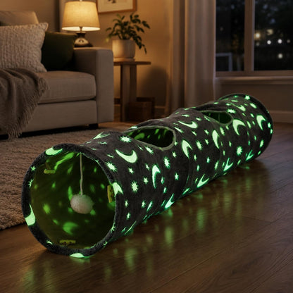 Collapsible Cat Tunnel with Plush Ball Toys and Glow-in-the-Dark Features for Small Pets - Grey Moon and Star Design