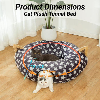 Large Cat Tunnel Bed with Plush Toy Balls and Cushion - 10 Inch Diameter, 3 Ft Length - Ideal for Cats and Small Dogs, Gray Star Pattern