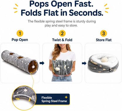 Collapsible Cat Tunnel with Plush Ball Toys and Glow-in-the-Dark Features for Small Pets - Grey Moon and Star Design