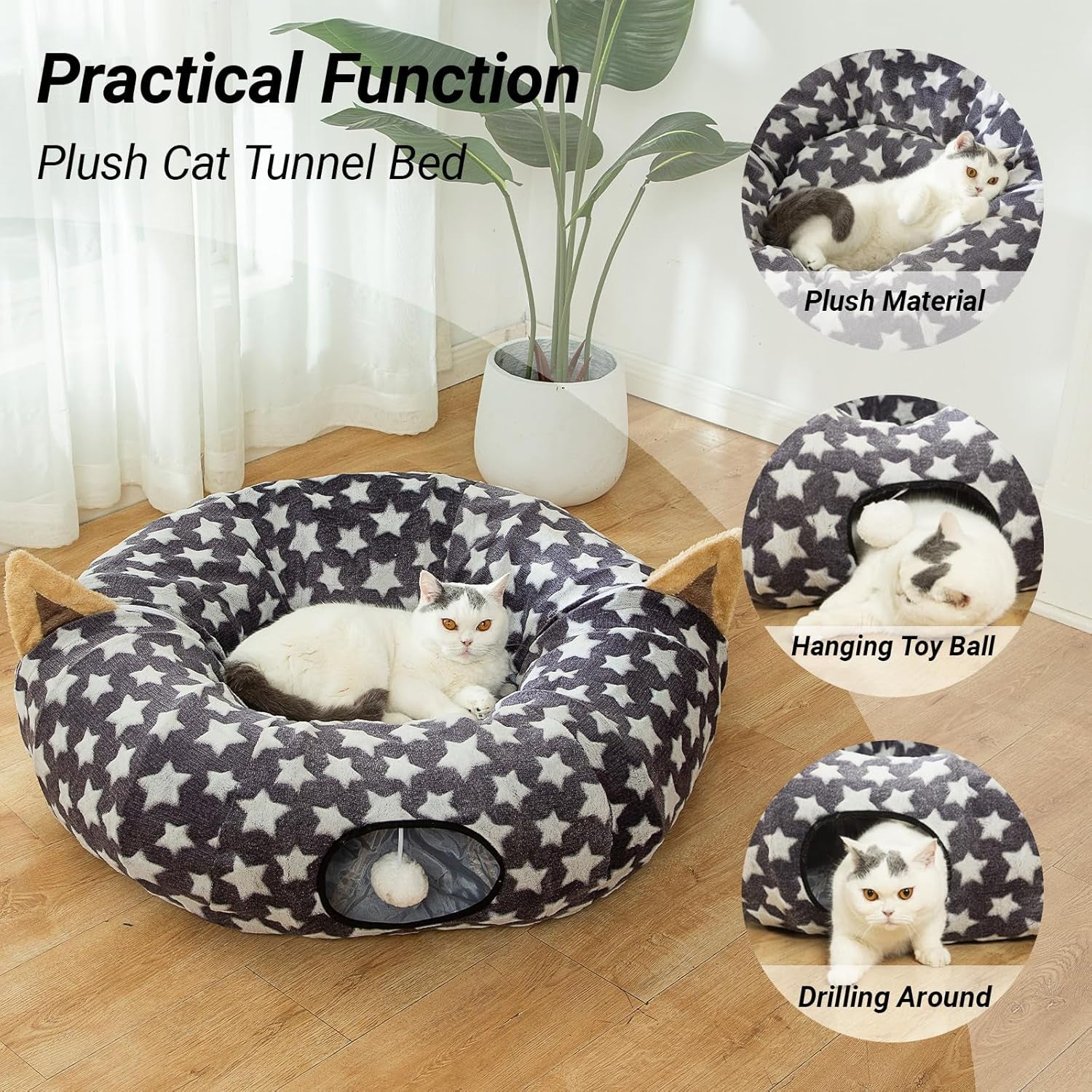 Large Cat Tunnel Bed with Plush Toy Balls and Cushion - 10 Inch Diameter, 3 Ft Length - Ideal for Cats and Small Dogs, Gray Star Pattern
