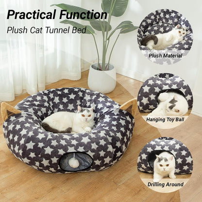 Large Cat Tunnel Bed with Plush Toy Balls and Cushion - 10 Inch Diameter, 3 Ft Length - Ideal for Cats and Small Dogs, Gray Star Pattern