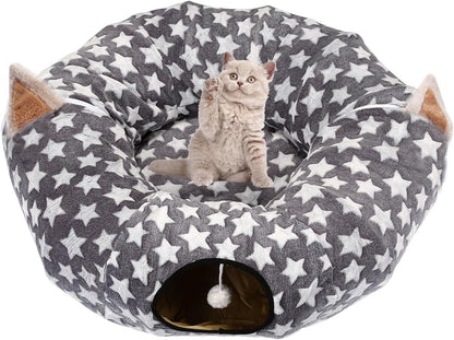 Large Cat Tunnel Bed with Plush Toy Balls and Cushion - 10 Inch Diameter, 3 Ft Length - Ideal for Cats and Small Dogs, Gray Star Pattern