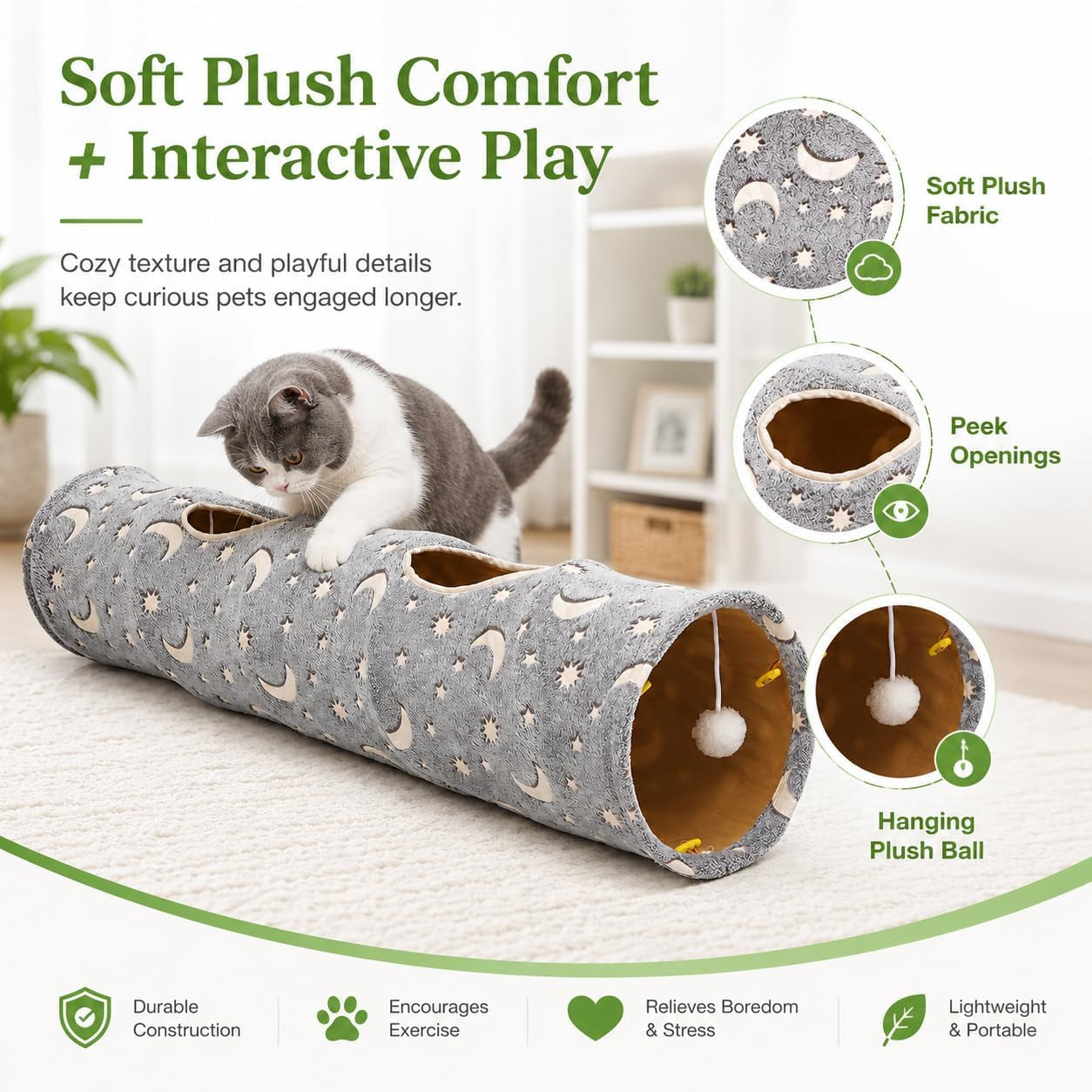 Collapsible Cat Tunnel with Plush Ball Toys and Glow-in-the-Dark Features for Small Pets - Grey Moon and Star Design