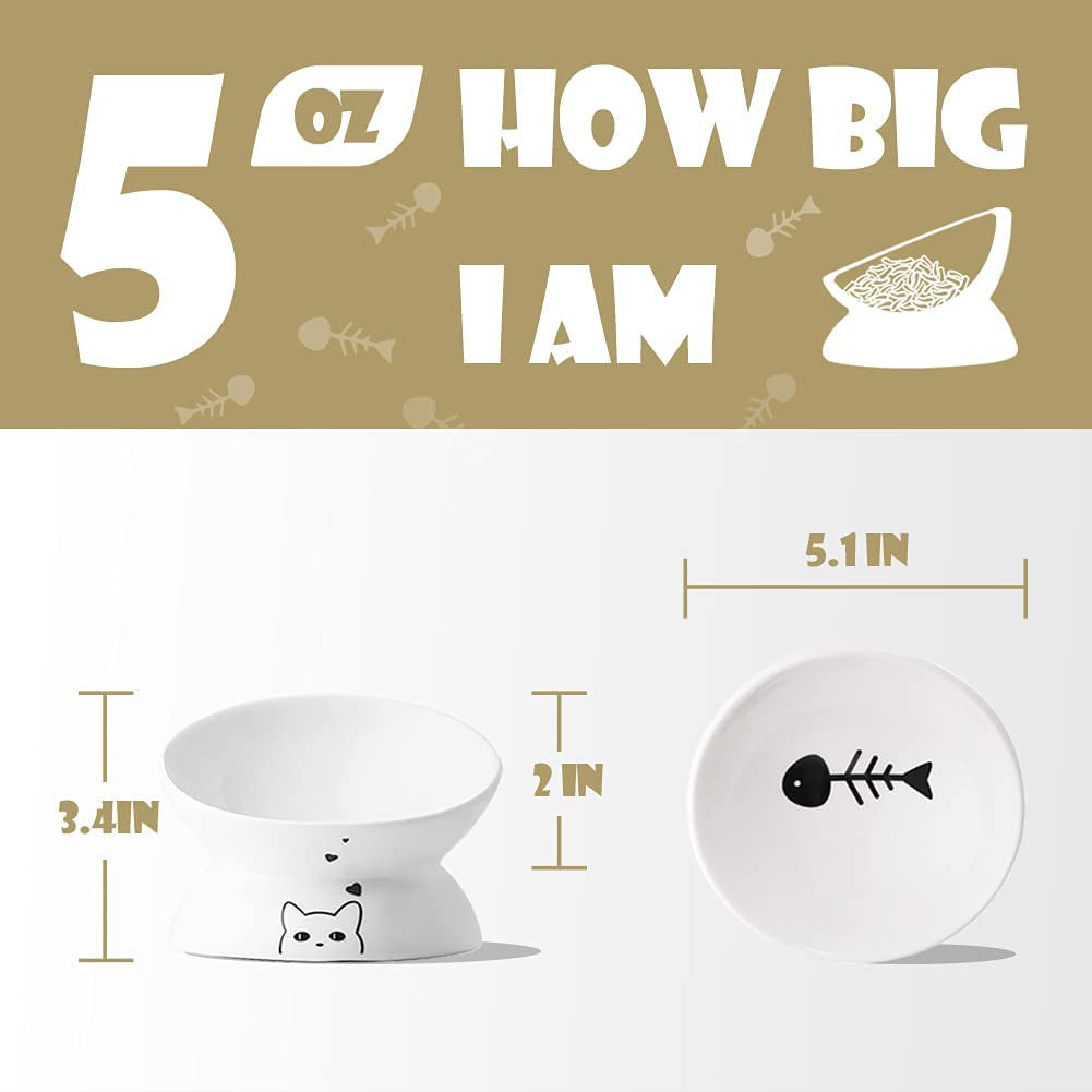 Elevated Ceramic Cat Bowls for Food and Water, Slanted Design for Spine Protection, Stress-Free Feeding with Backflow Prevention (White)