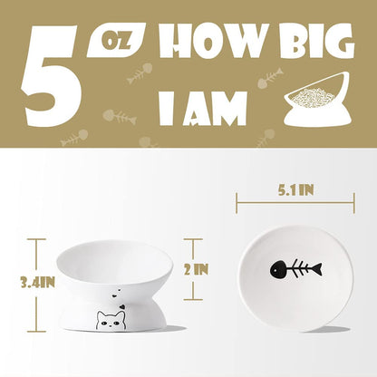 Elevated Ceramic Cat Bowls for Food and Water, Slanted Design for Spine Protection, Stress-Free Feeding with Backflow Prevention (White)