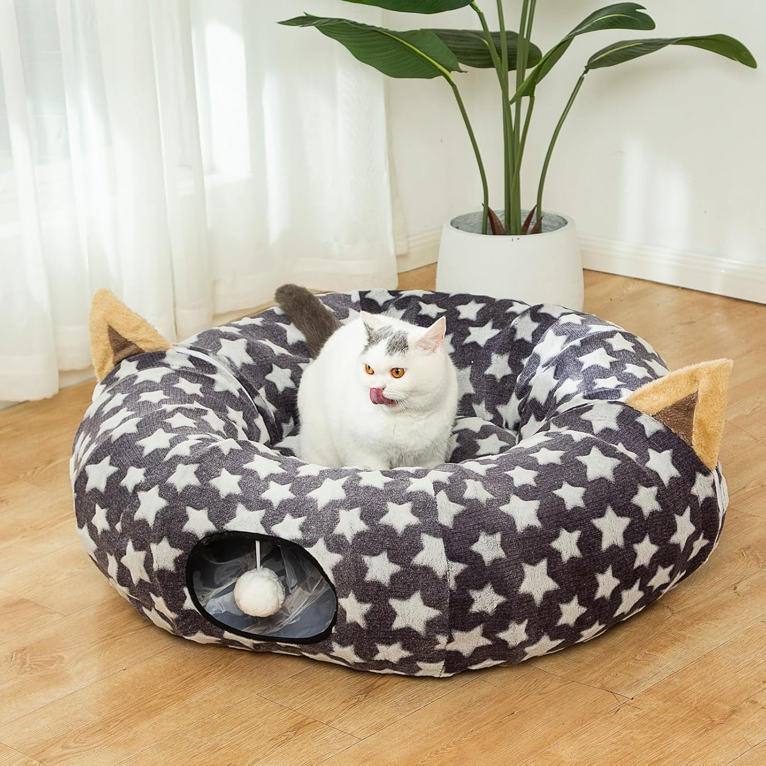 Large Cat Tunnel Bed with Plush Toy Balls and Cushion - 10 Inch Diameter, 3 Ft Length - Ideal for Cats and Small Dogs, Gray Star Pattern