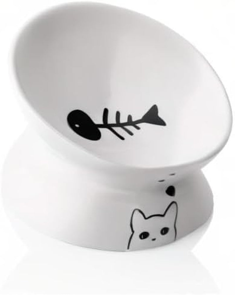 Elevated Ceramic Cat Bowls for Food and Water, Slanted Design for Spine Protection, Stress-Free Feeding with Backflow Prevention (White)