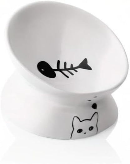 Elevated Ceramic Cat Bowls for Food and Water, Slanted Design for Spine Protection, Stress-Free Feeding with Backflow Prevention (White)