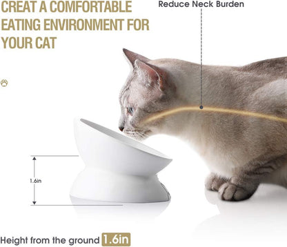 Elevated Ceramic Cat Bowls for Food and Water, Slanted Design for Spine Protection, Stress-Free Feeding with Backflow Prevention (White)