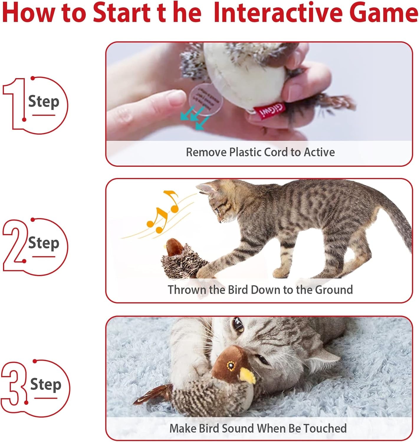 Interactive Motion-Activated Chirping Bird Cat Toy Set for Indoor Cats of All Breeds