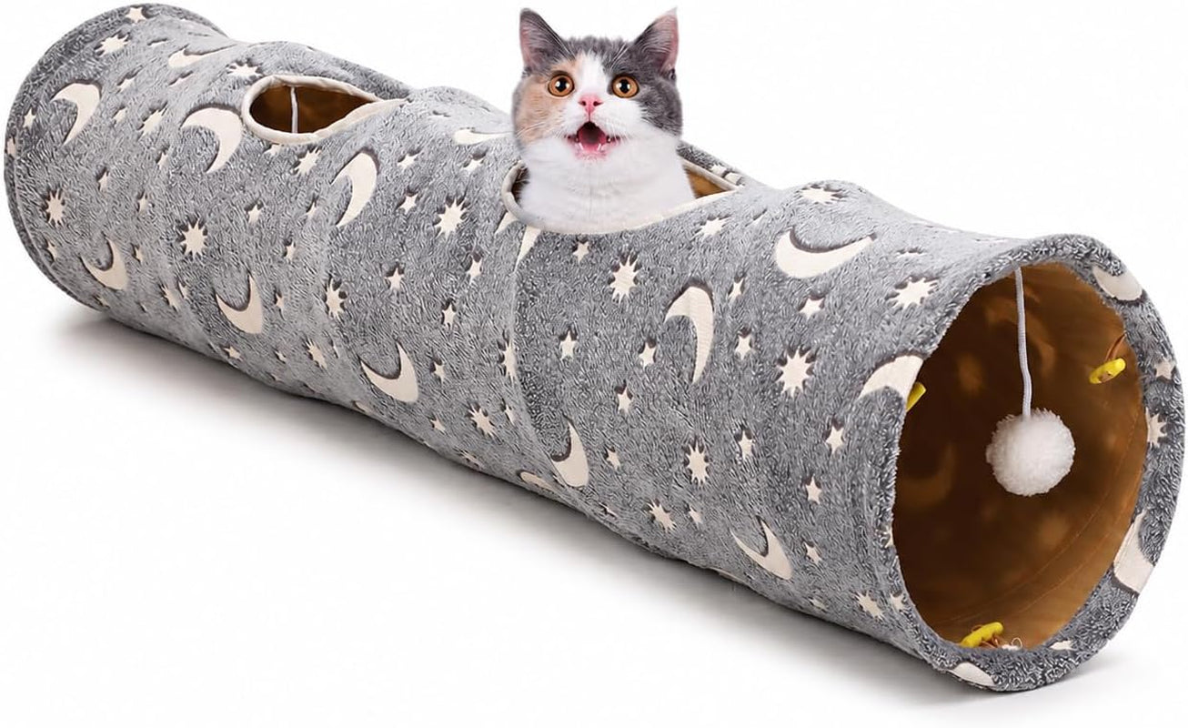 Collapsible Cat Tunnel with Plush Ball Toys and Glow-in-the-Dark Features for Small Pets - Grey Moon and Star Design