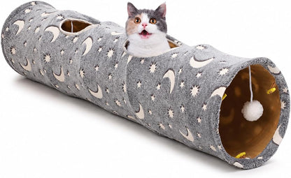 Collapsible Cat Tunnel with Plush Ball Toys and Glow-in-the-Dark Features for Small Pets - Grey Moon and Star Design