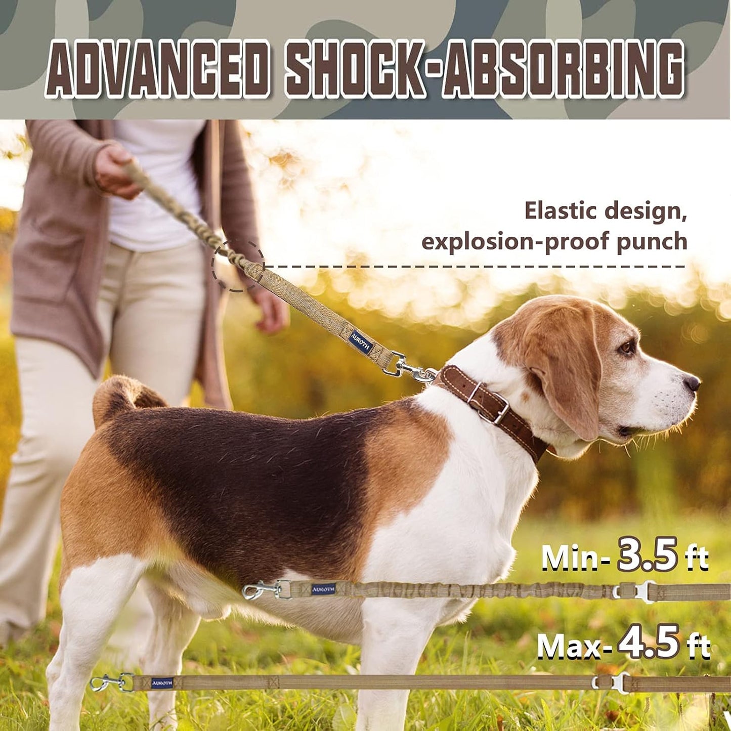 Premium Heavy-Duty Bungee Dog Leash for Large Breeds, No-Pull Shock Absorption, Includes Car Seat Belt, Two Padded Handles, Available in 4.5ft and 6ft, Army Yellow