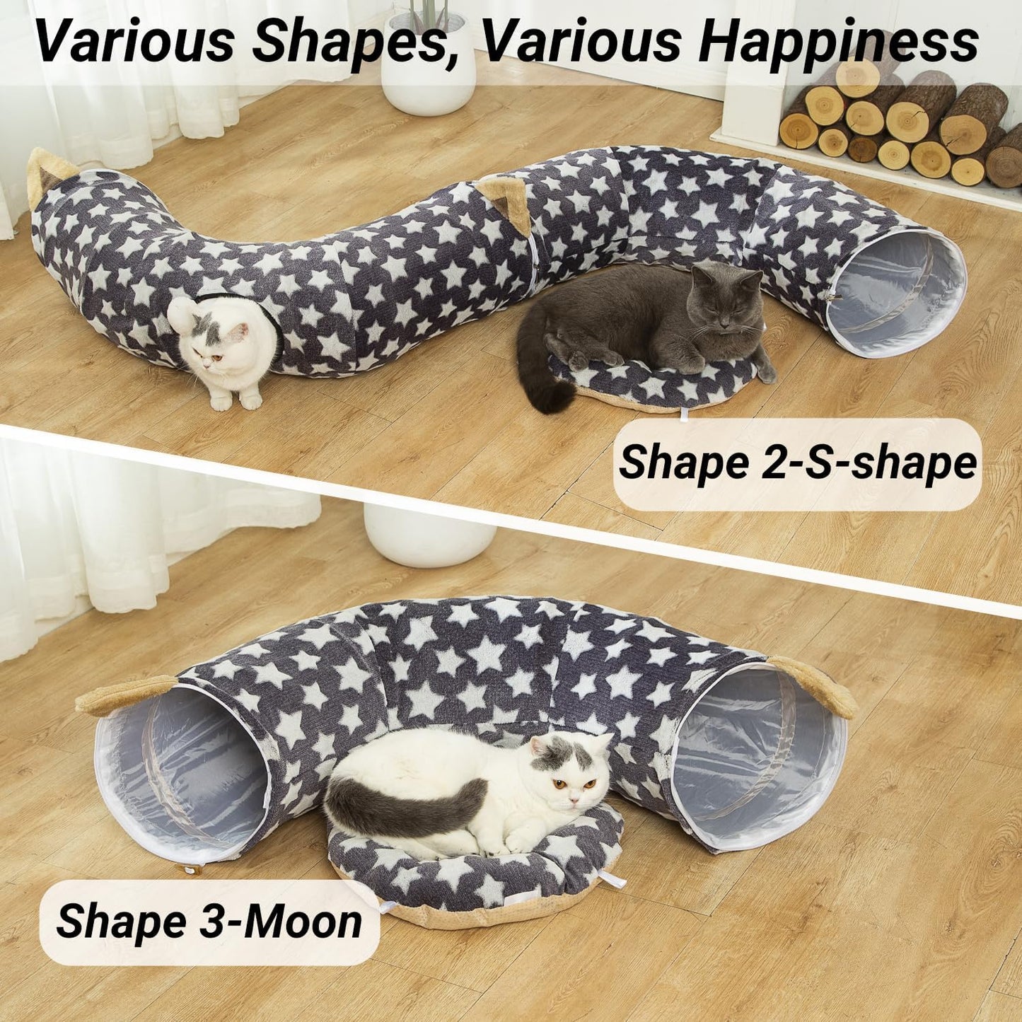 Large Cat Tunnel Bed with Plush Toy Balls and Cushion - 10 Inch Diameter, 3 Ft Length - Ideal for Cats and Small Dogs, Gray Star Pattern