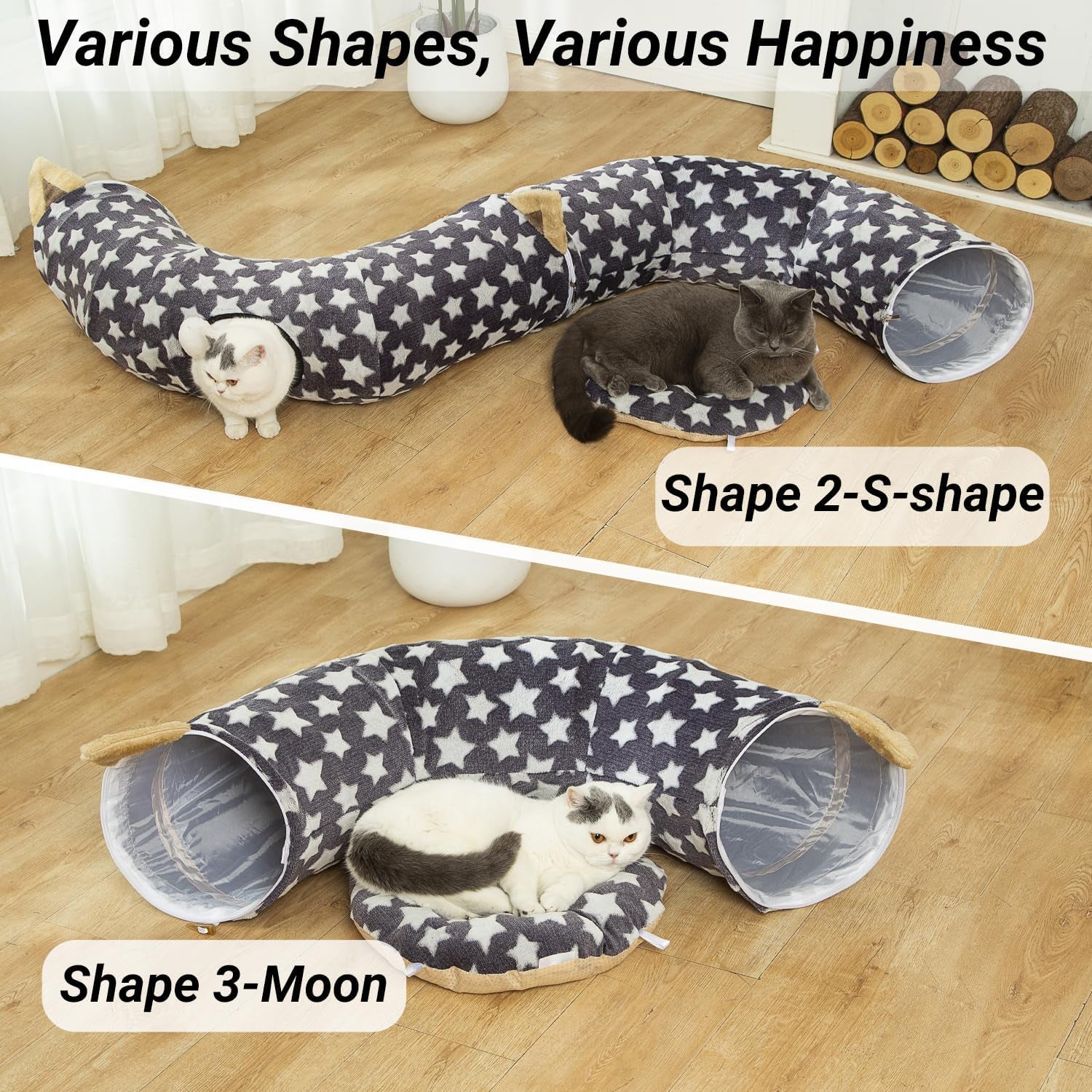 Large Cat Tunnel Bed with Plush Toy Balls and Cushion - 10 Inch Diameter, 3 Ft Length - Ideal for Cats and Small Dogs, Gray Star Pattern