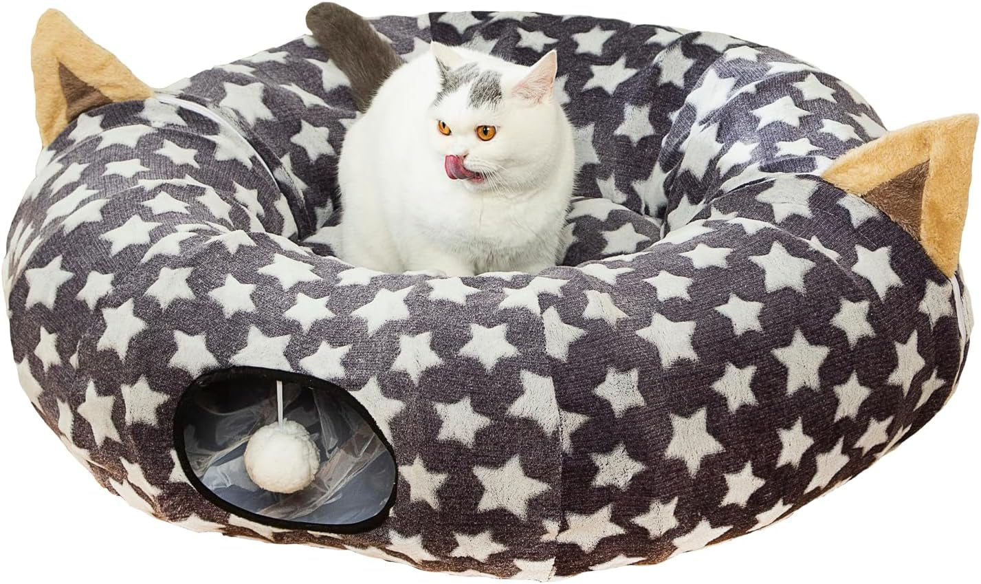 Large Cat Tunnel Bed with Plush Toy Balls and Cushion - 10 Inch Diameter, 3 Ft Length - Ideal for Cats and Small Dogs, Gray Star Pattern