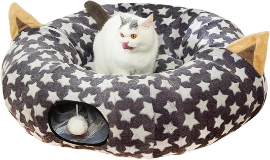 Large Cat Tunnel Bed with Plush Toy Balls and Cushion - 10 Inch Diameter, 3 Ft Length - Ideal for Cats and Small Dogs, Gray Star Pattern
