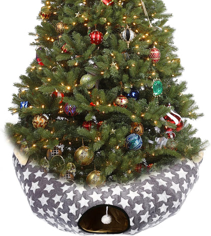 Large Cat Tunnel Bed with Plush Toy Balls and Cushion - 10 Inch Diameter, 3 Ft Length - Ideal for Cats and Small Dogs, Gray Star Pattern