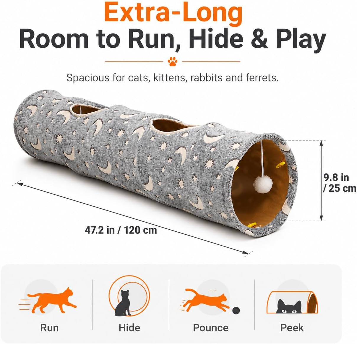 Collapsible Cat Tunnel with Plush Ball Toys and Glow-in-the-Dark Features for Small Pets - Grey Moon and Star Design