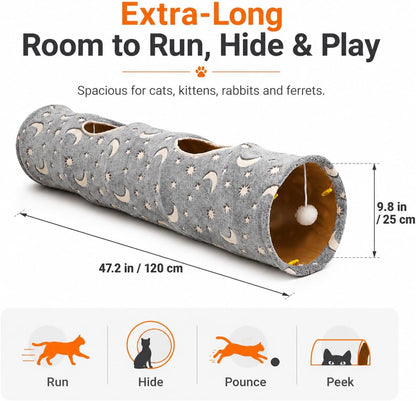 Collapsible Cat Tunnel with Plush Ball Toys and Glow-in-the-Dark Features for Small Pets - Grey Moon and Star Design