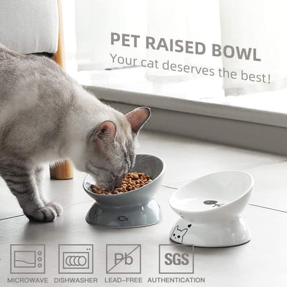 Elevated Ceramic Cat Bowls for Food and Water, Slanted Design for Spine Protection, Stress-Free Feeding with Backflow Prevention (White)