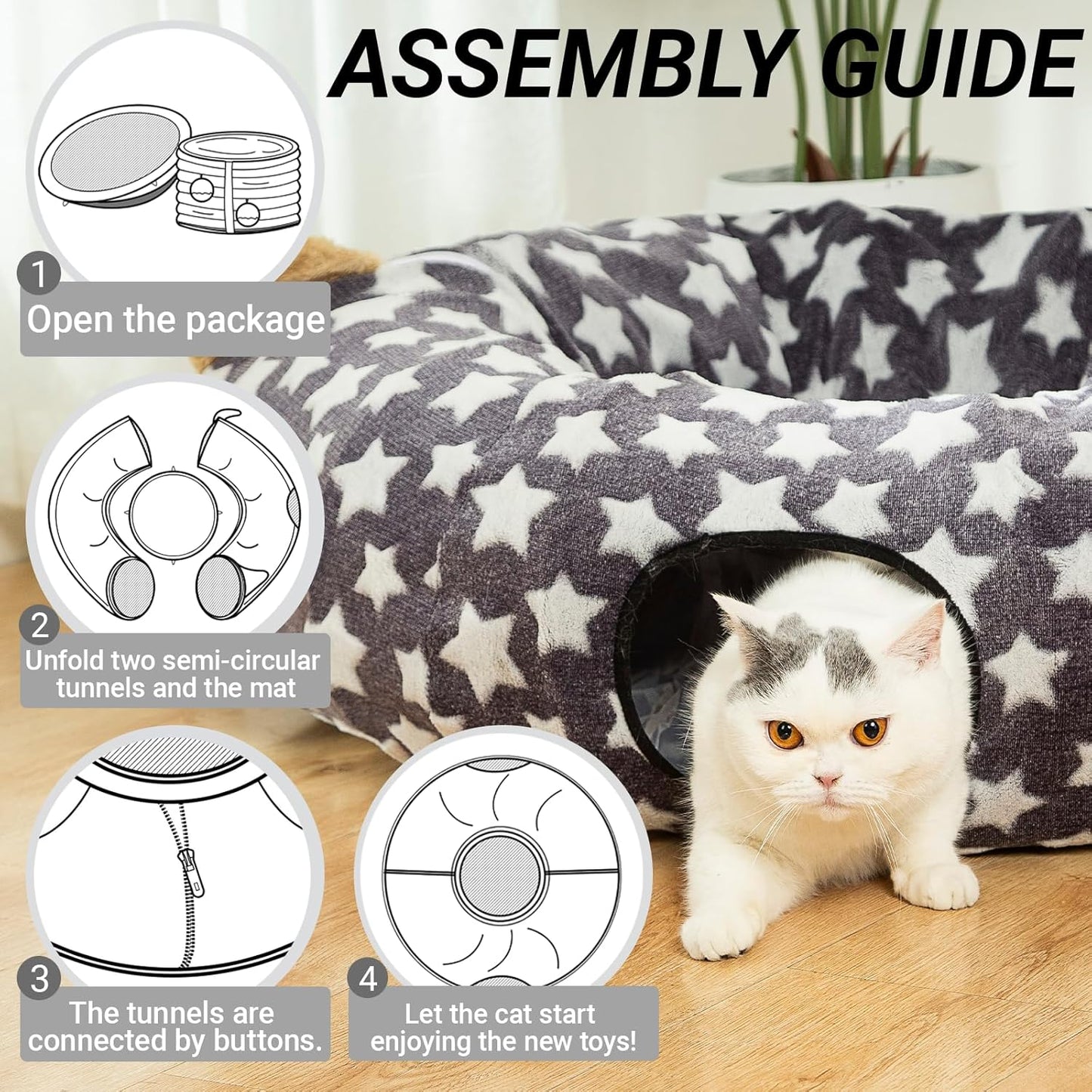 Large Cat Tunnel Bed with Plush Toy Balls and Cushion - 10 Inch Diameter, 3 Ft Length - Ideal for Cats and Small Dogs, Gray Star Pattern