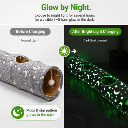 Collapsible Cat Tunnel with Plush Ball Toys and Glow-in-the-Dark Features for Small Pets - Grey Moon and Star Design